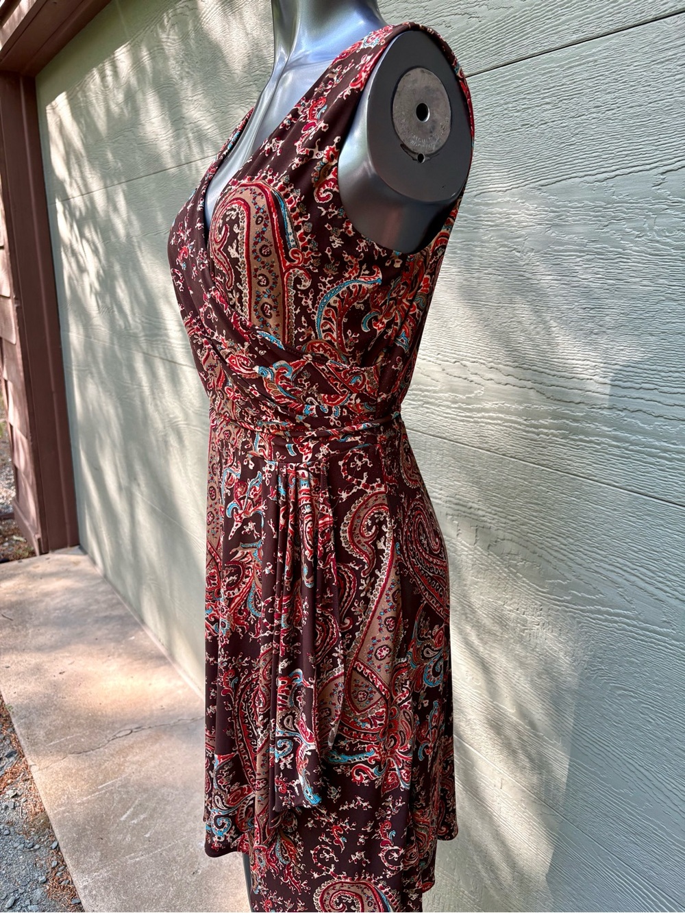 Lauren Ralph Lauren Brown Paisley Wrap Midi Dress with Red & Teal Accents - Picture 2 of 7